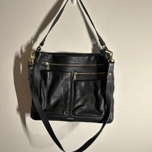 Fossil Black Leather Shoulder Bag with Gold Accents